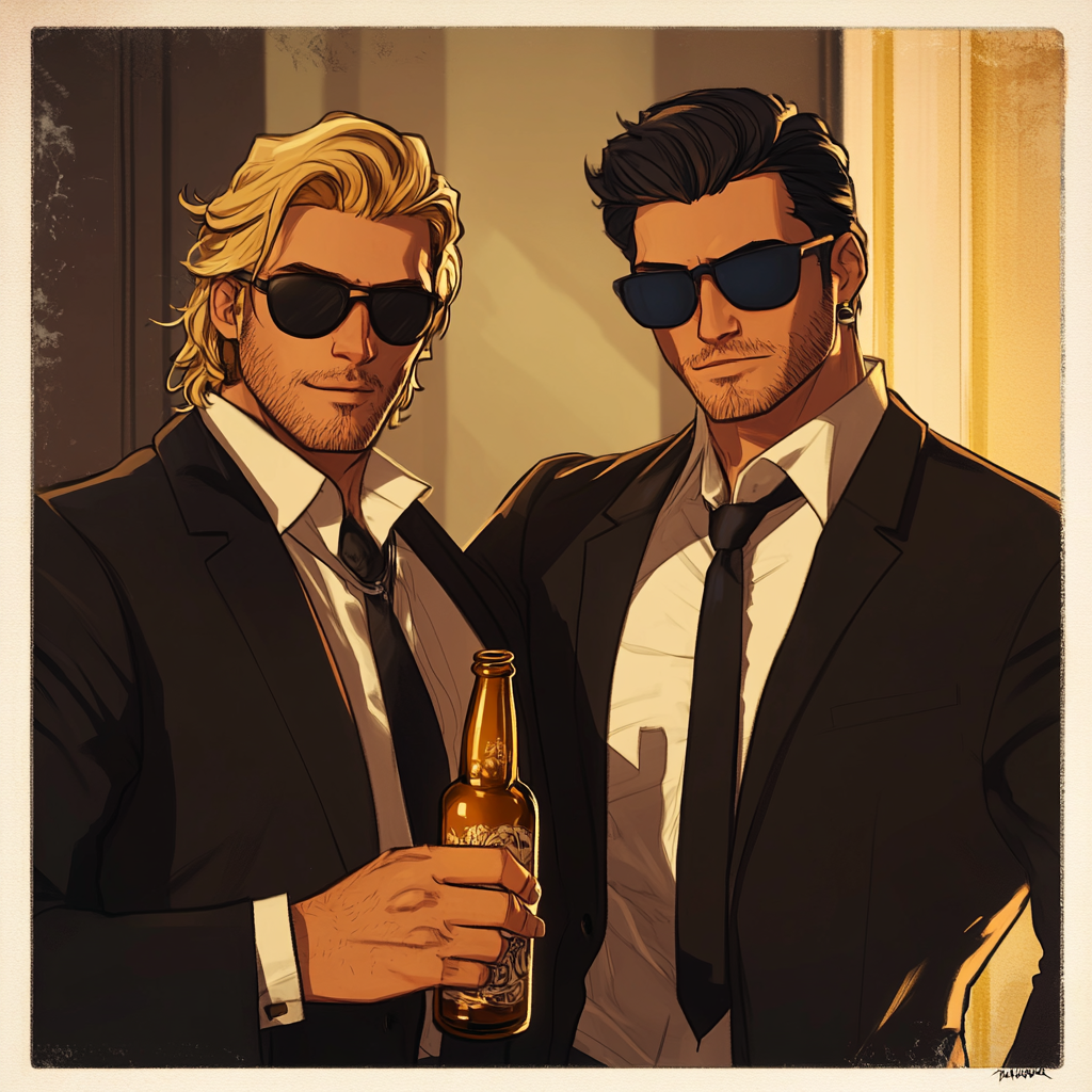 Two young men, one drinking, one with sunglasses.