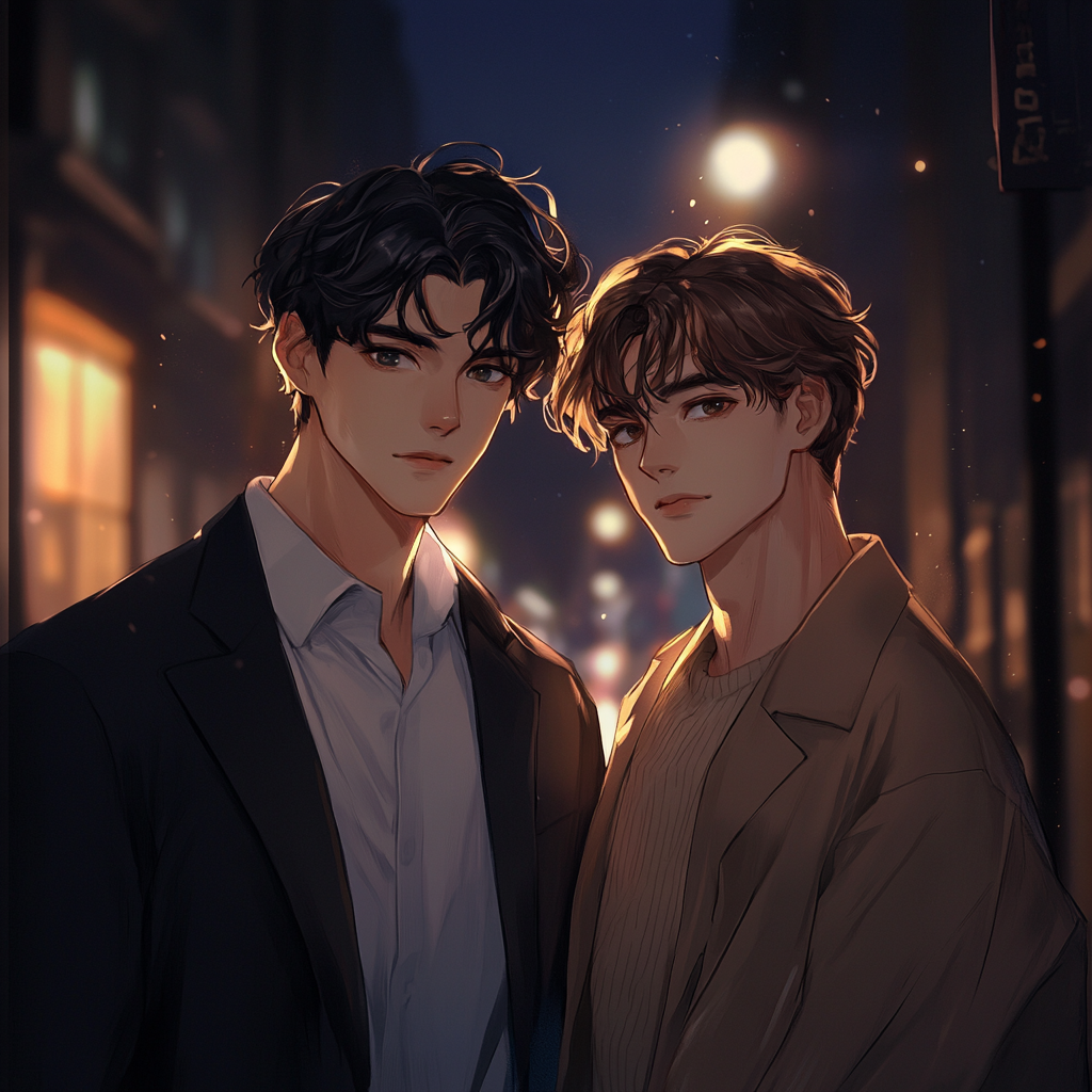 Two young men in romantic, mysterious city setting.