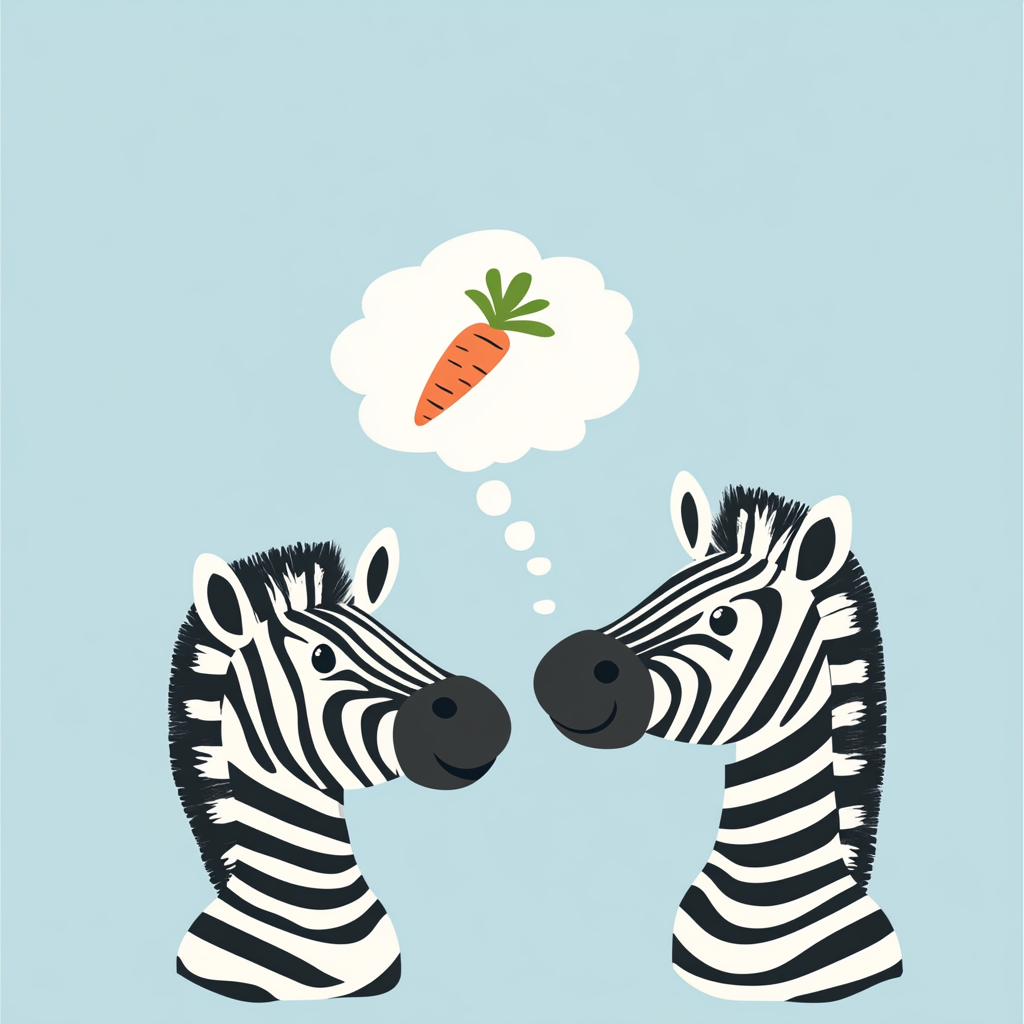 Two zebras with thought bubble and carrot.