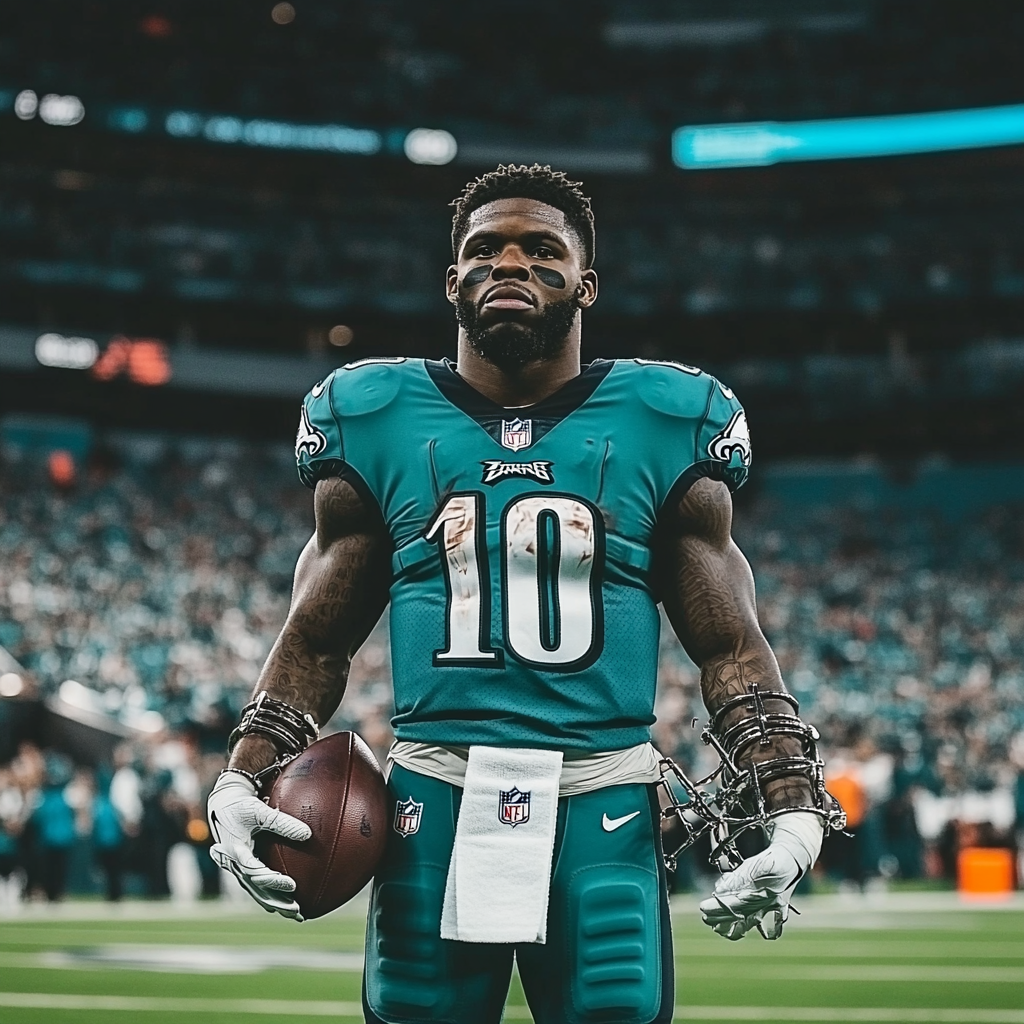 Tyreek Hill standing in end zone with teal jersey.