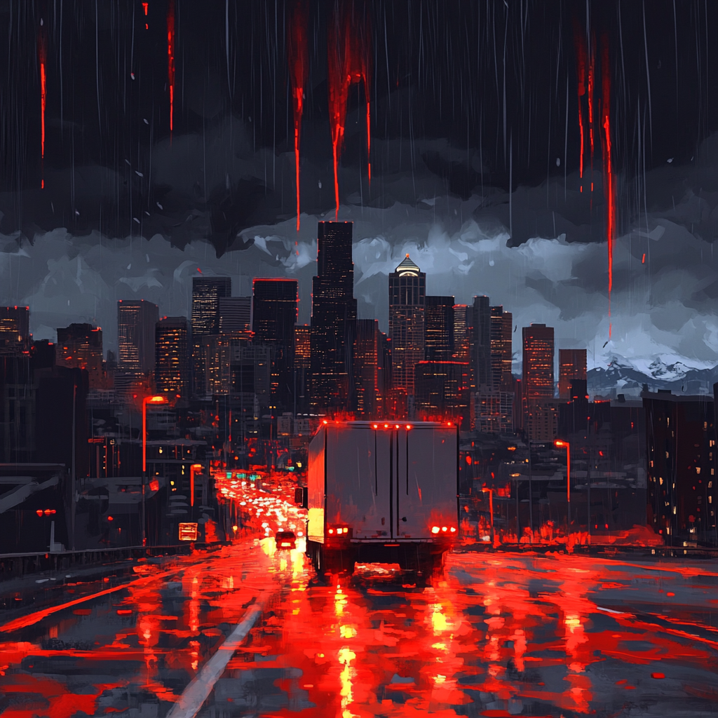 U-Haul Truck Leaving Seattle in Crimson Storm