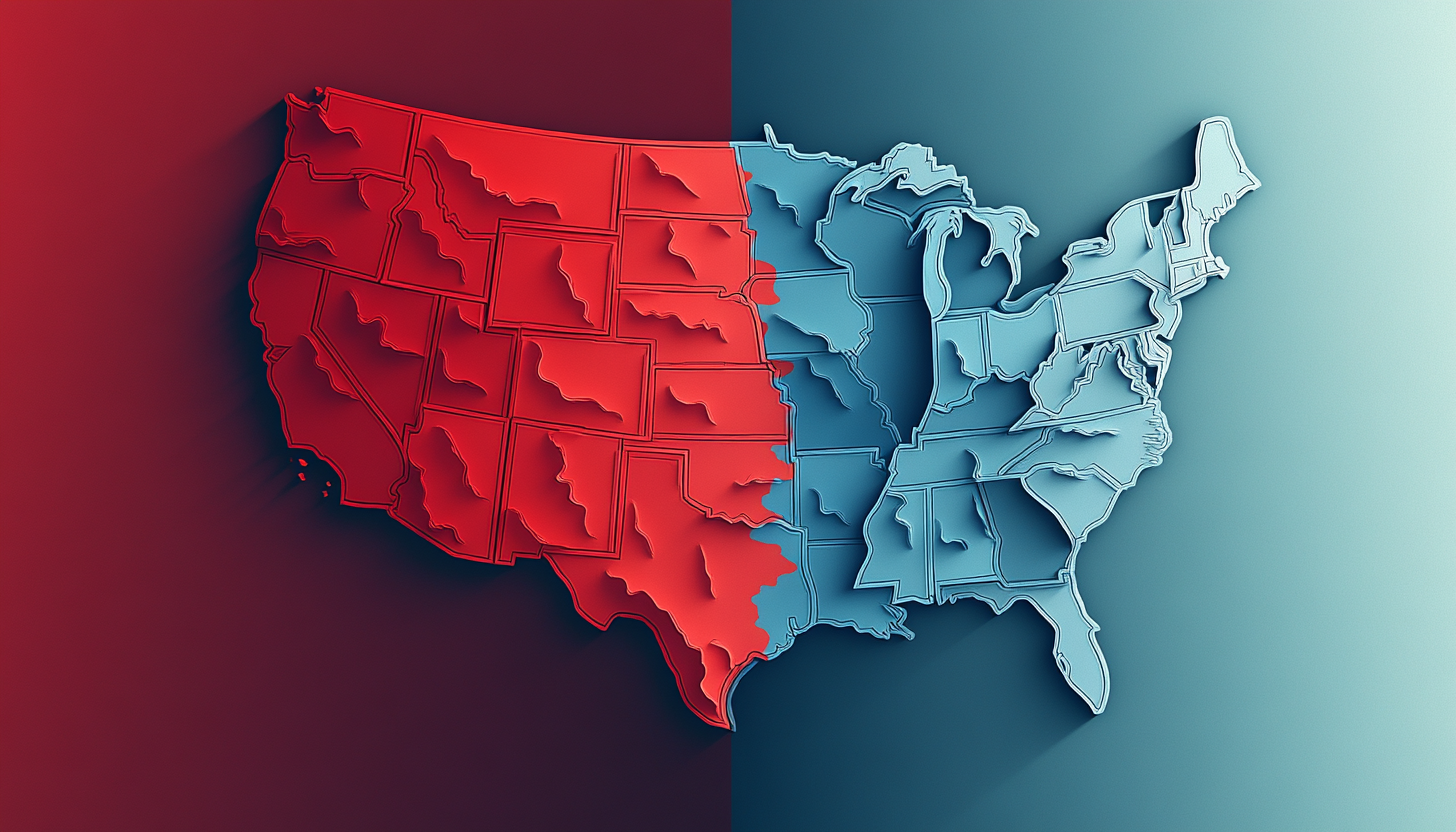 U.S. political map with red shading, patriotic background.