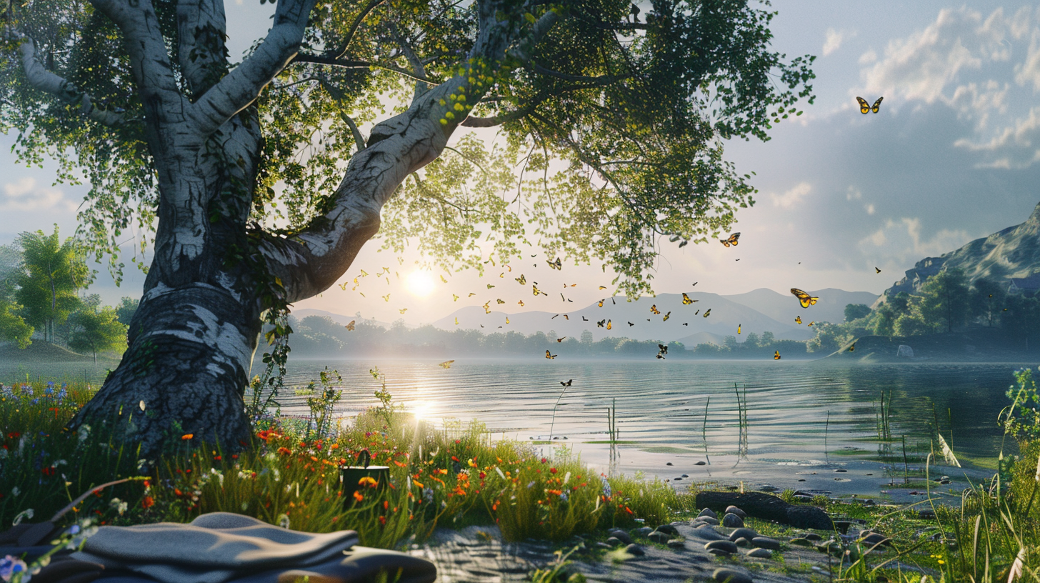 UNREAL ENGINE: Birch Lake dawn picnic setting, butterflies flutter