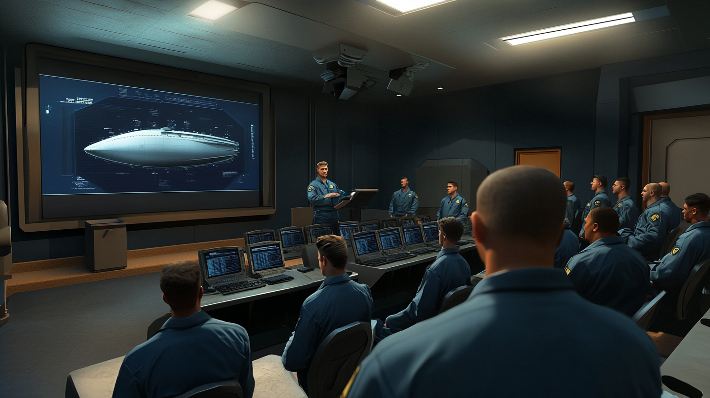 US Navy sailors learning with hologram in classroom.