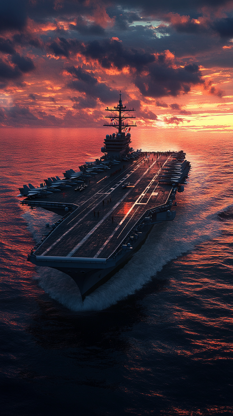 USS Eisenhower in ocean at dusk with jets.