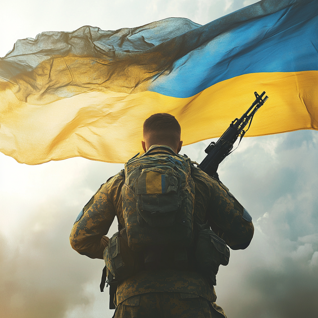 Ukrainian soldier holding flag, realistic style, patriotic atmosphere.