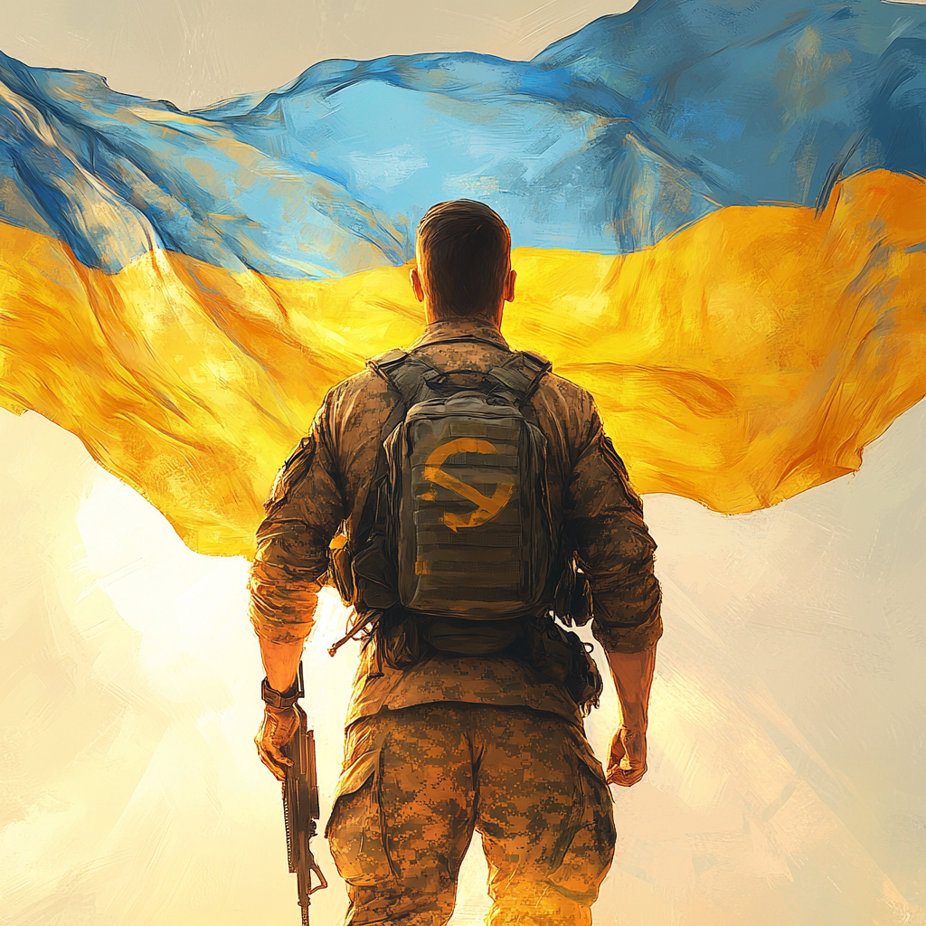 Ukrainian soldier holding flag, standing in sunlight.