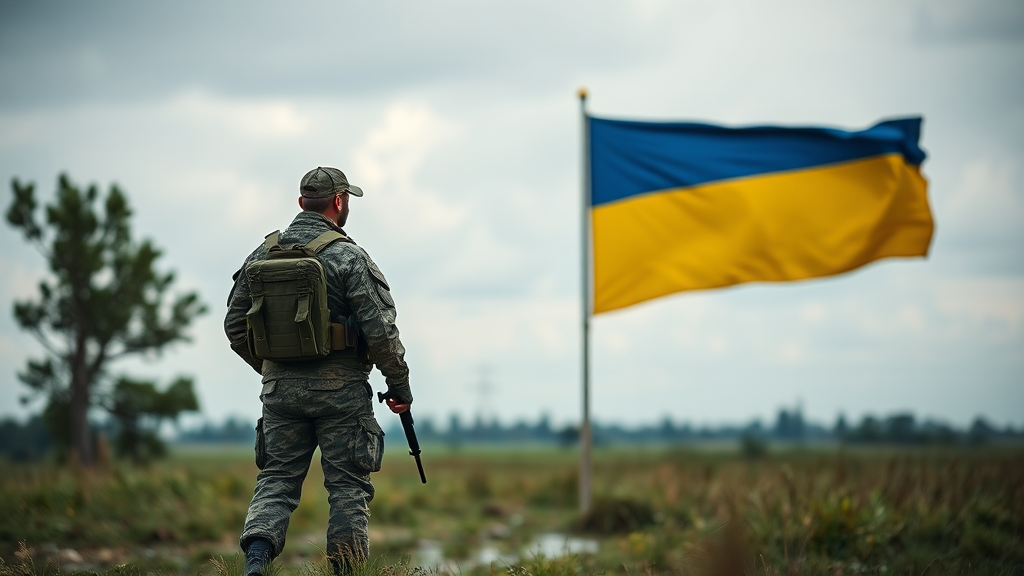 Ukrainian soldier in Donbas stands by Ukrainian flag.