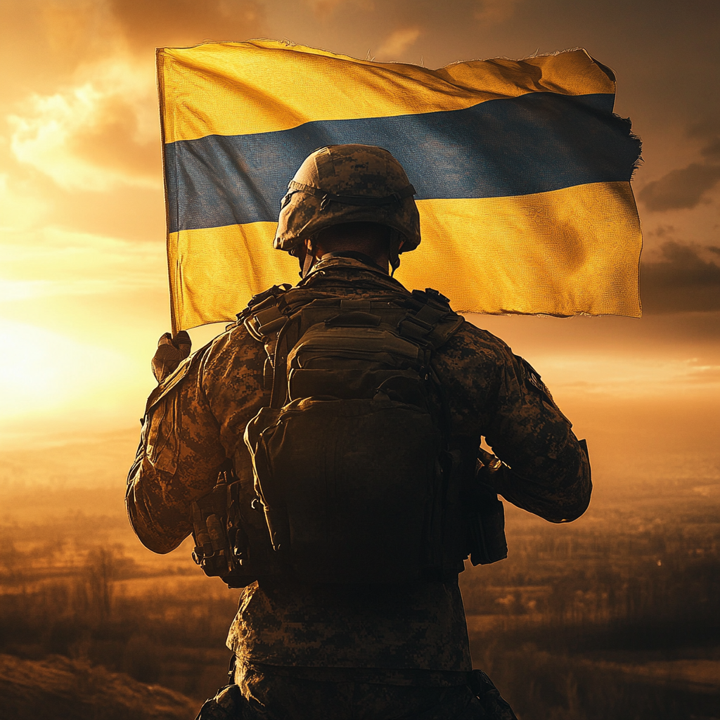 Ukrainian soldier with flag symbolizes patriotism and hope.