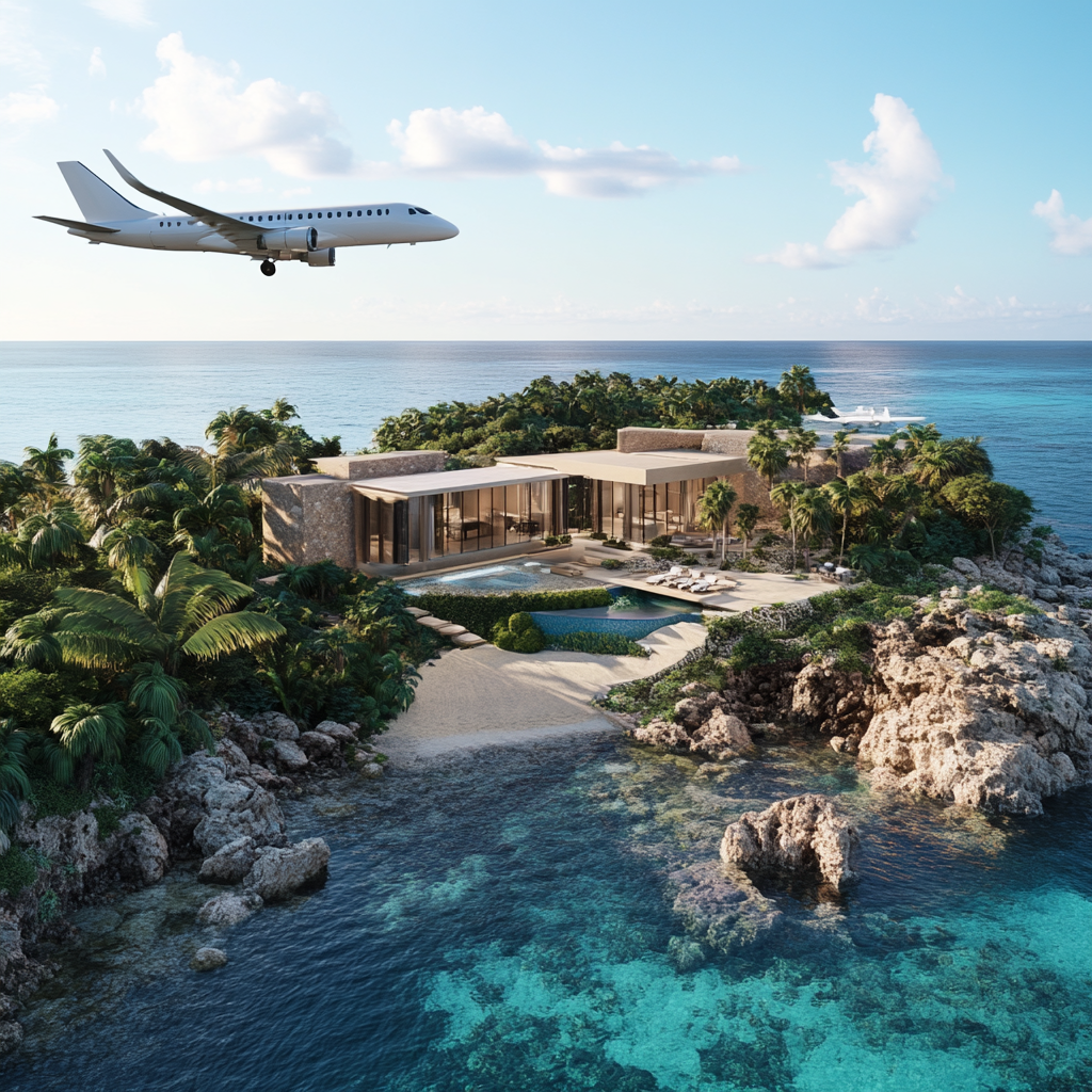 Ultimate luxury private island airport with lush landscapes.