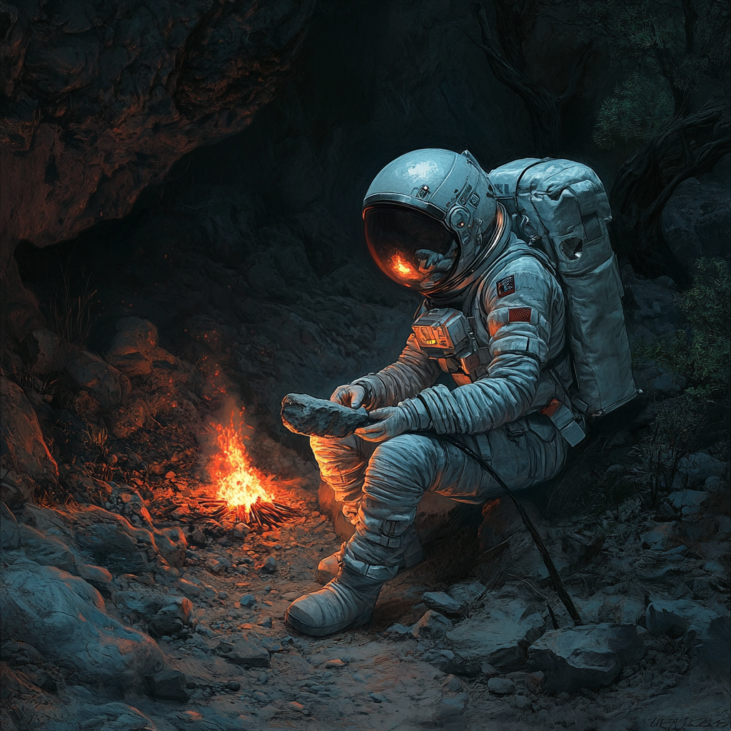 Ultra HD Realistic Image: Female Astronaut Carving Stone Industry