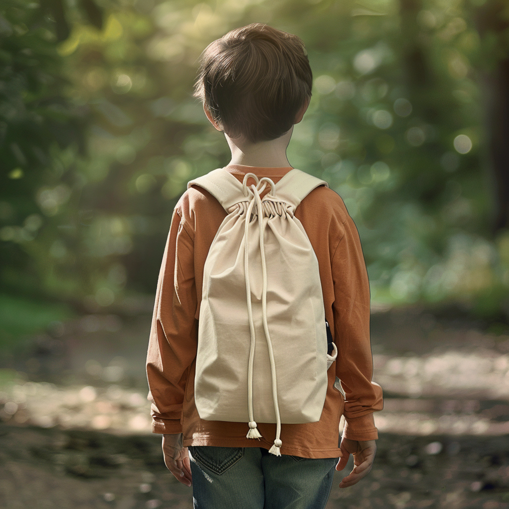 Ultra-Realistic Child Outdoors with Gym Bag - Stock Photo