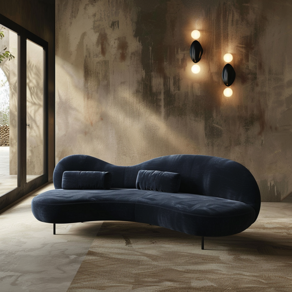 Ultra-Realistic Curved Cloud Sofa in Navy Blue Environment.