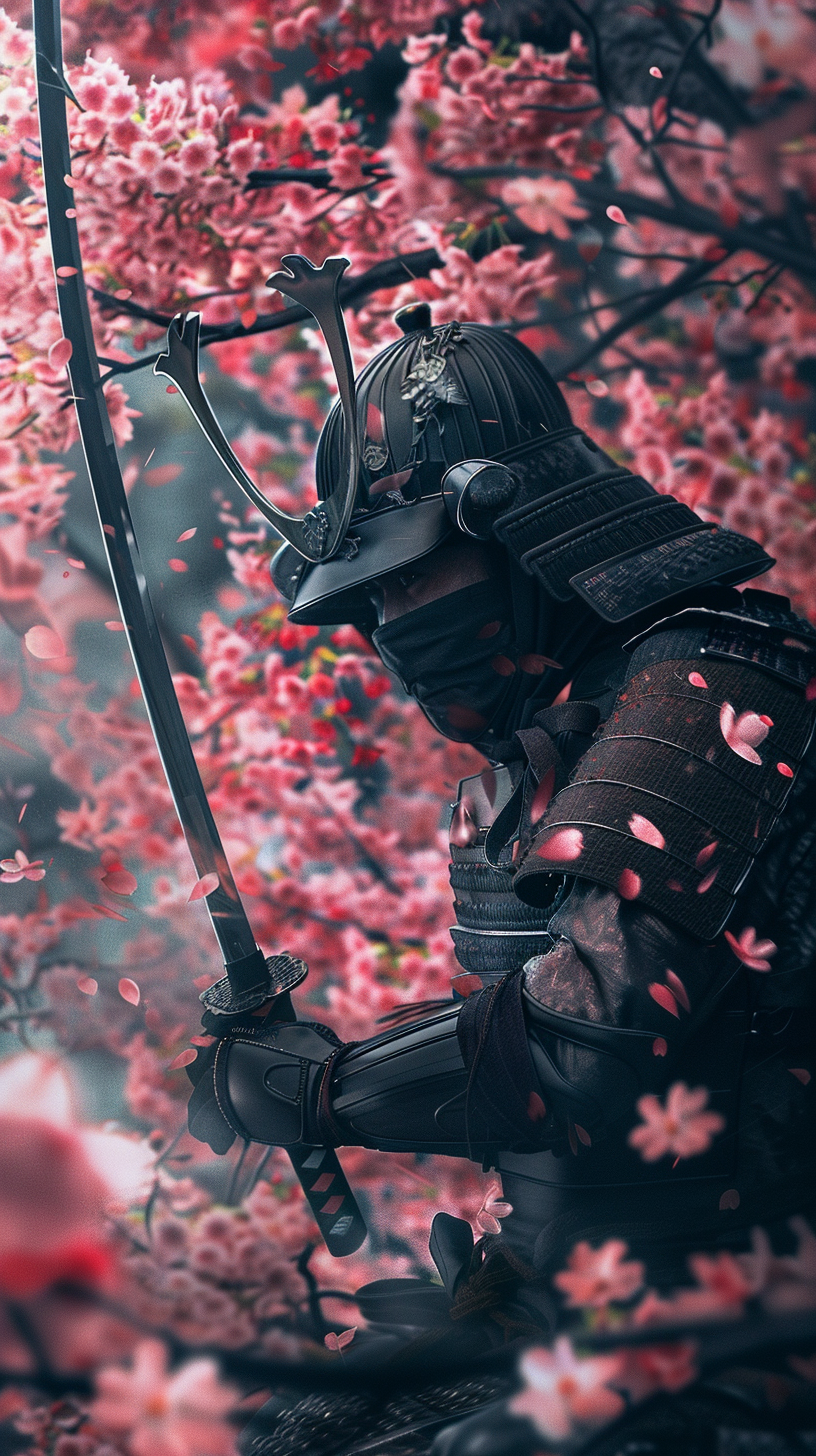 Ultra Realistic Japanese Ninja Samurai Wallpaper Under Sakura Tree