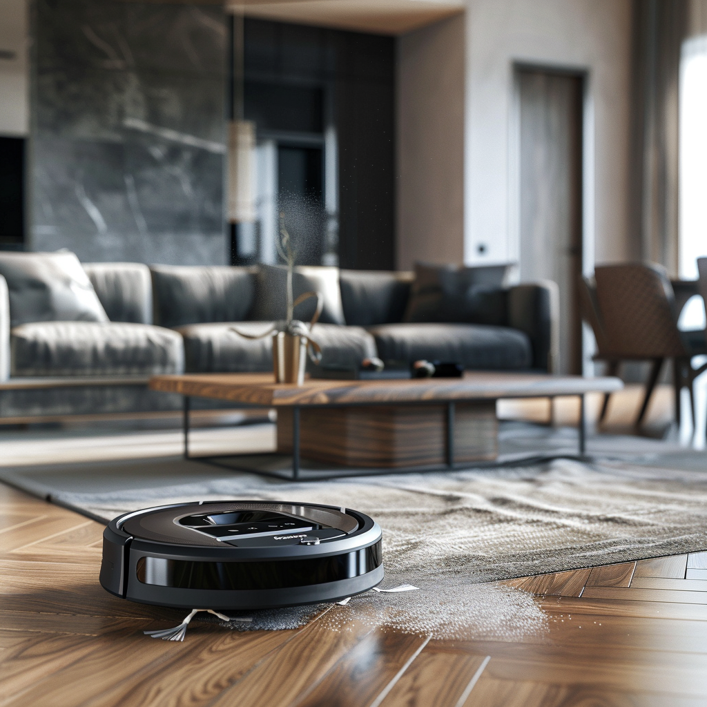 Ultra-Realistic Robot Vacuum Cleaning Modern Living Room