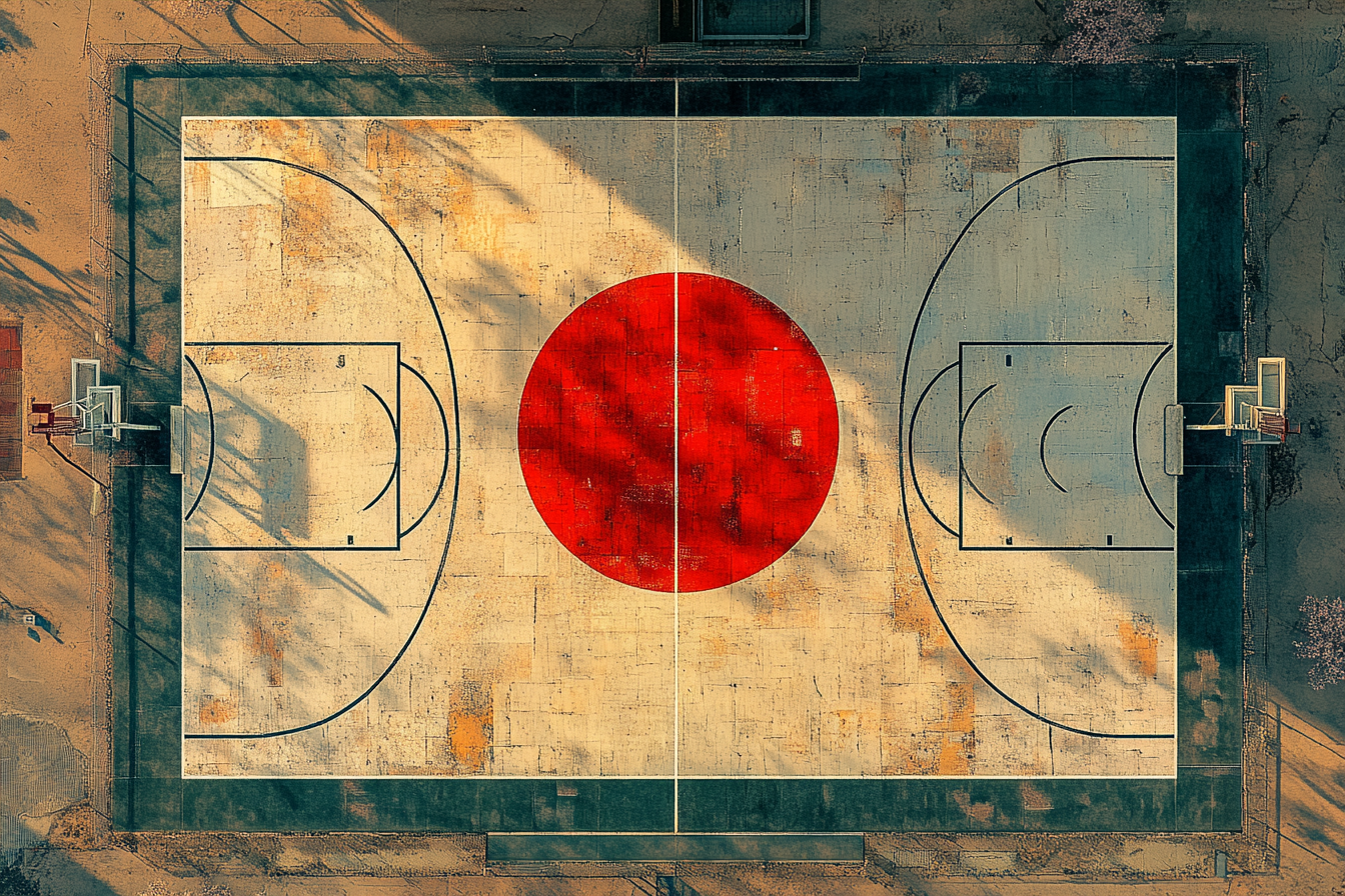 Ultra-detailed aerial view of Japanese flag-inspired basketball court.