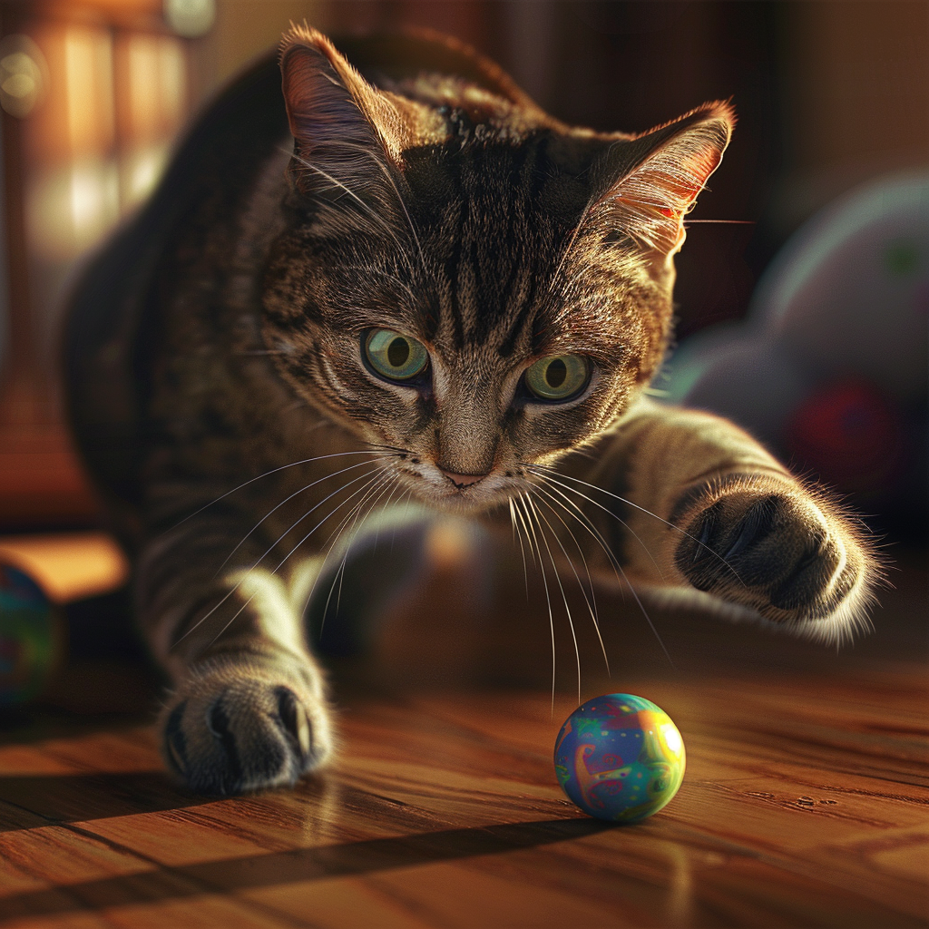 Ultra-realistic Cat Playing with Ball in Cozy Home