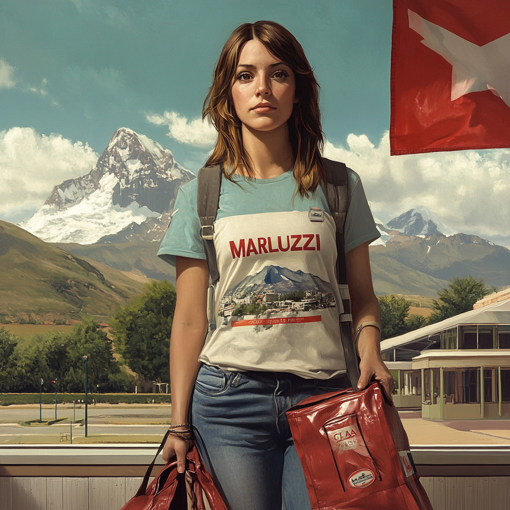 Ultra-realistic full-length woman delivery person holding bag with 'Marluzzi' shirt, Chilean flag background.