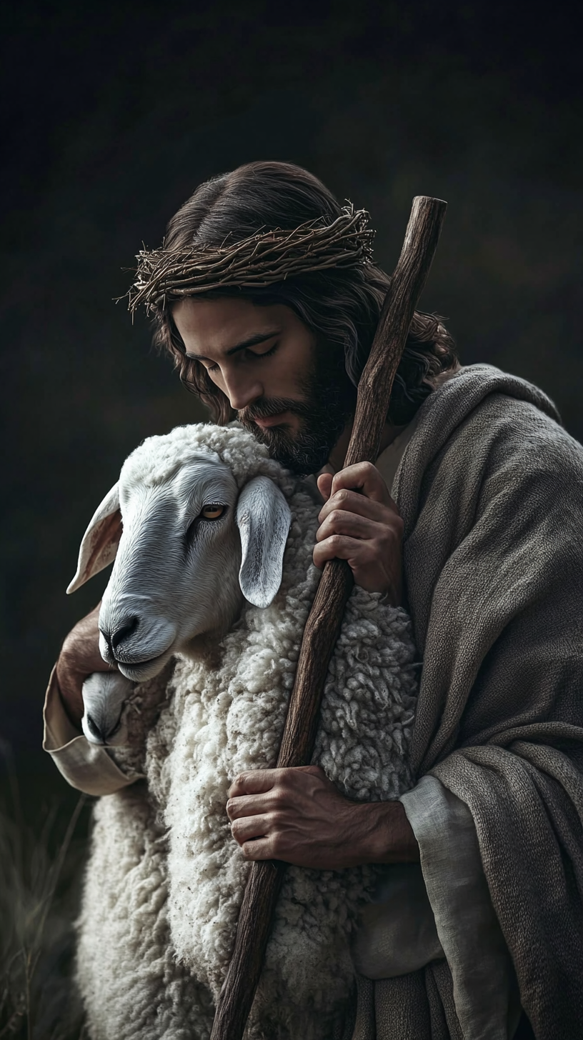 Ultra realistic image of Jesus as a Jew from first century consoling sheep with staff.