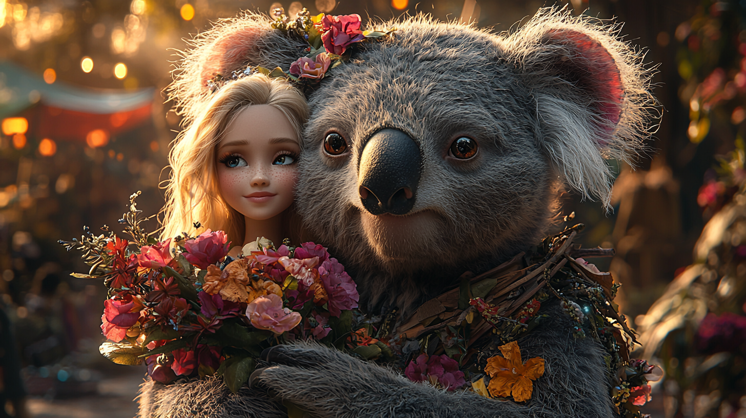 Ultra-realistic koala kissing Barbie-like fairy in vibrant festival.