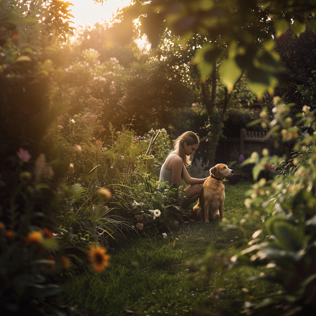 Ultra-realistic person crouching with dog in lush garden 