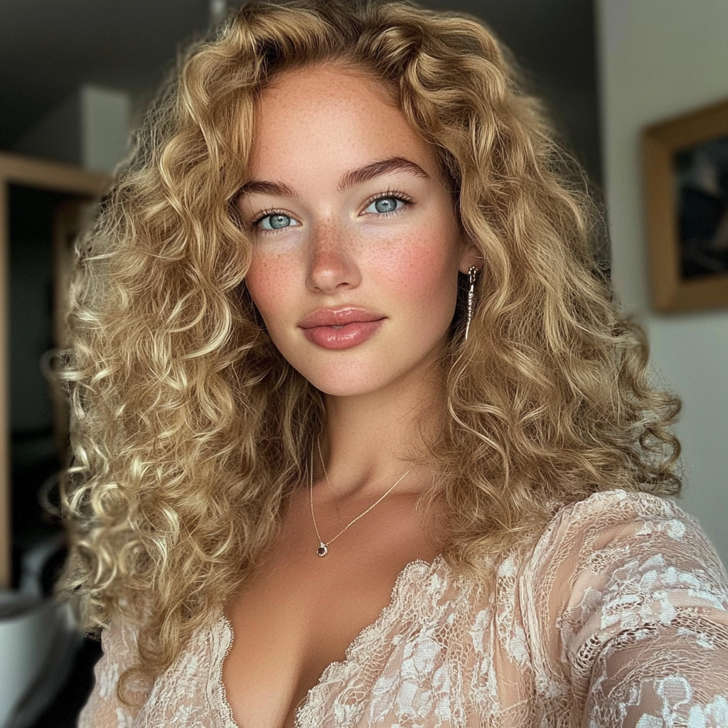 Ultra-realistic photo of a blonde influencer taking selfie.