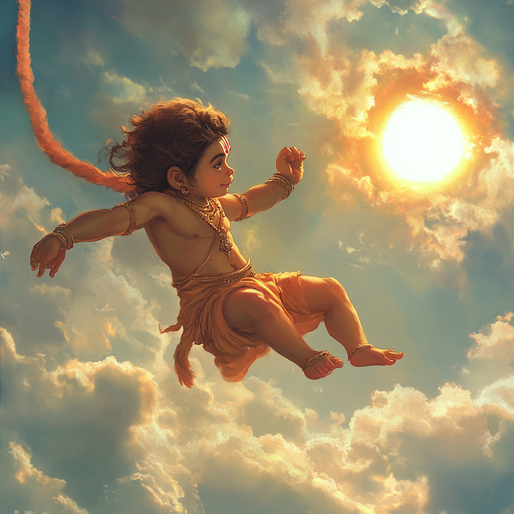 Ultra-realistic side-angle image: Young Hanumanji flying superheroically towards sun.