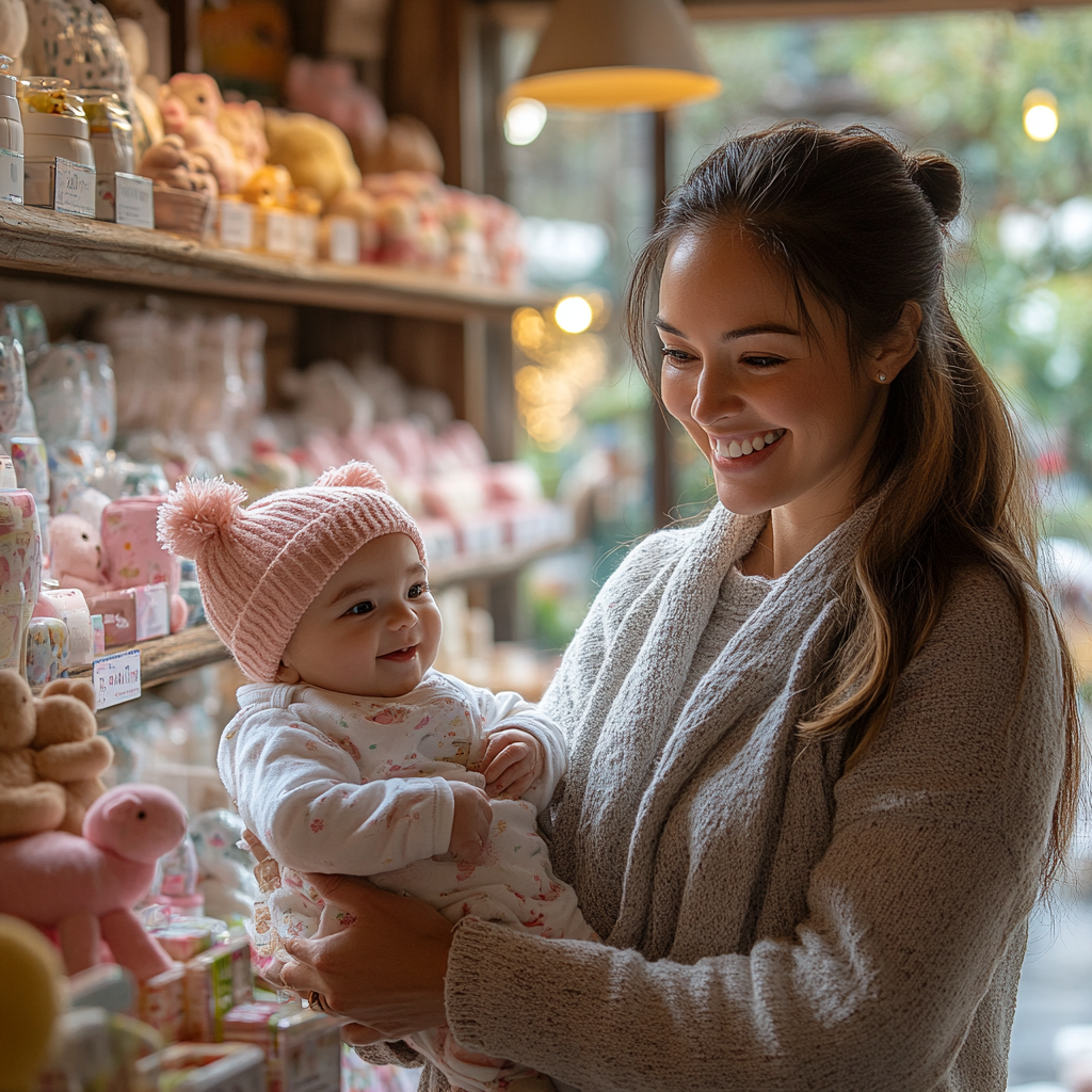 Ultrarealistic photo of caring brand representative helping mother.