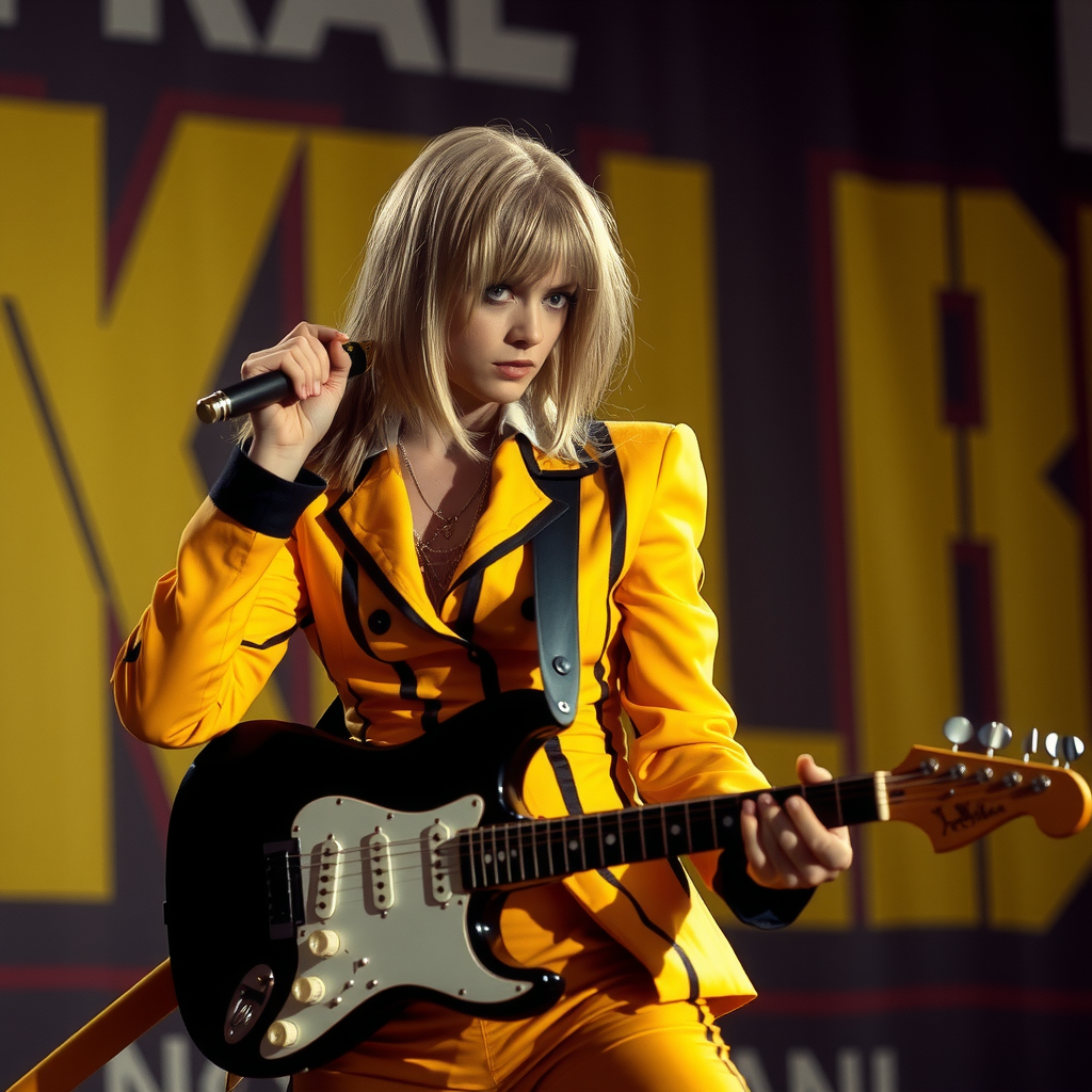 Uma Thurman in yellow suit with sword and guitar