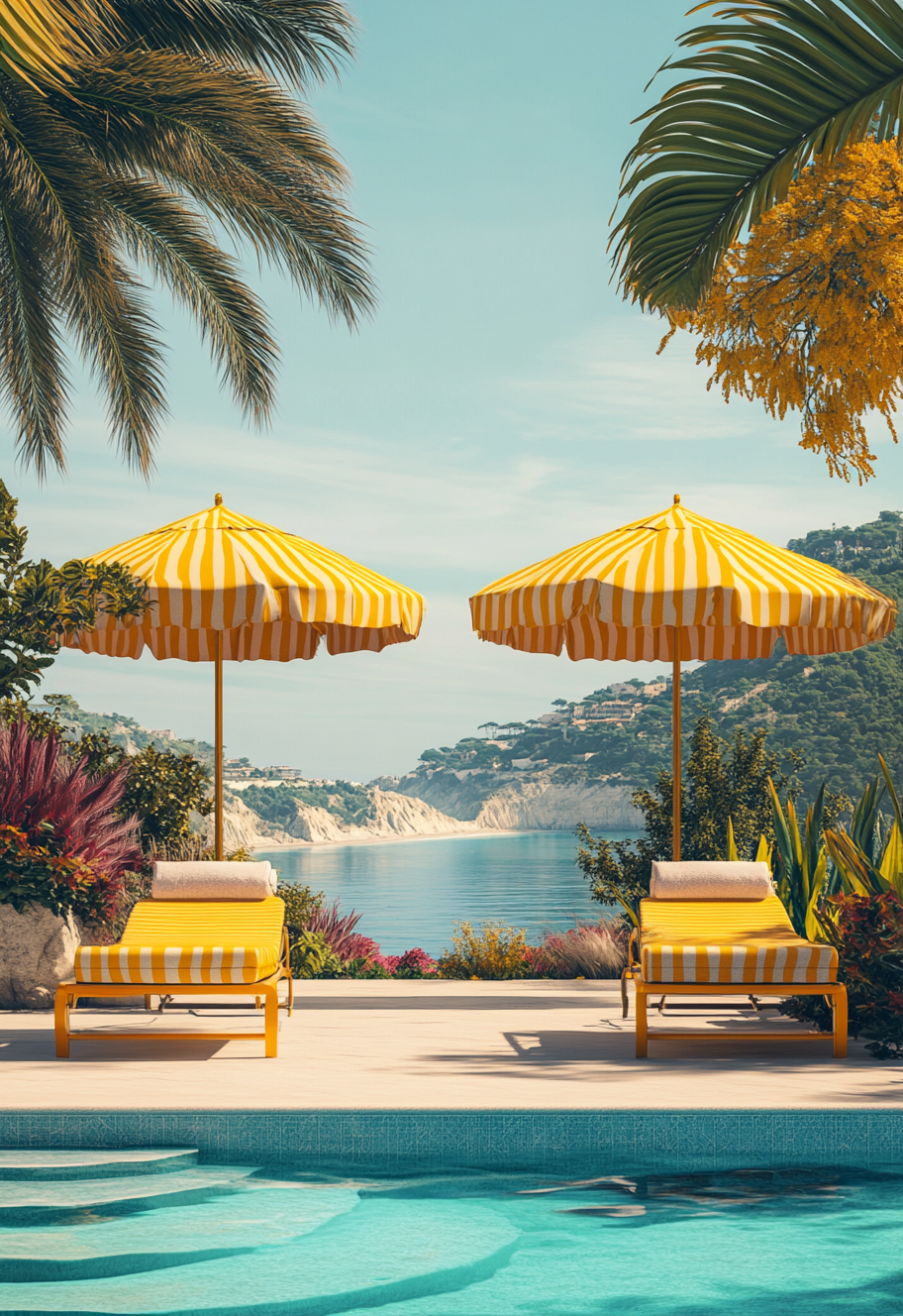 Umbrellas, sun loungers by poolside with ocean view.