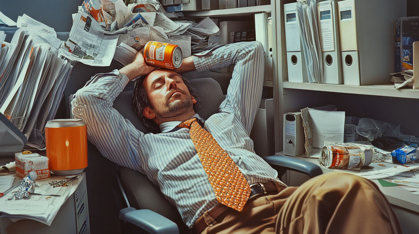 Unbothered Man Amidst Chaos in Office Cubicle