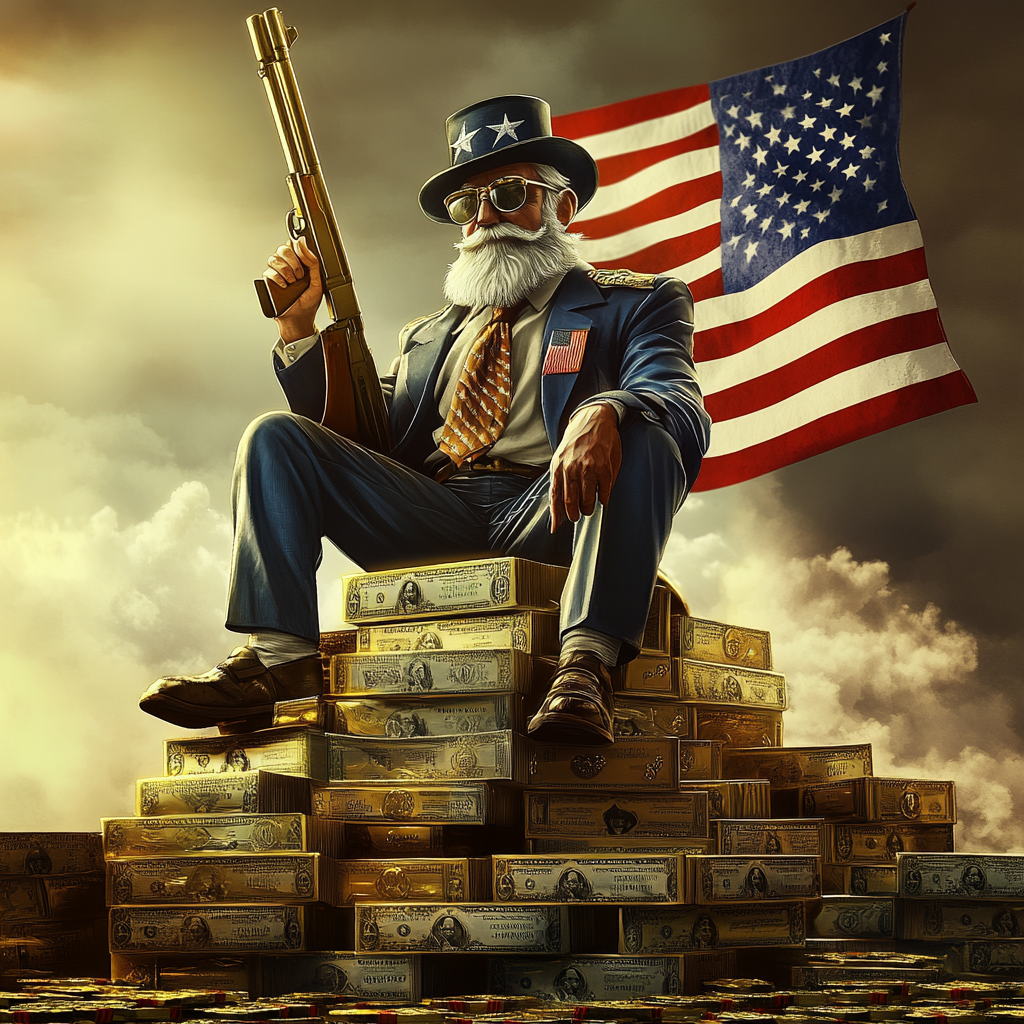 Uncle Sam defending wealth, flag in background