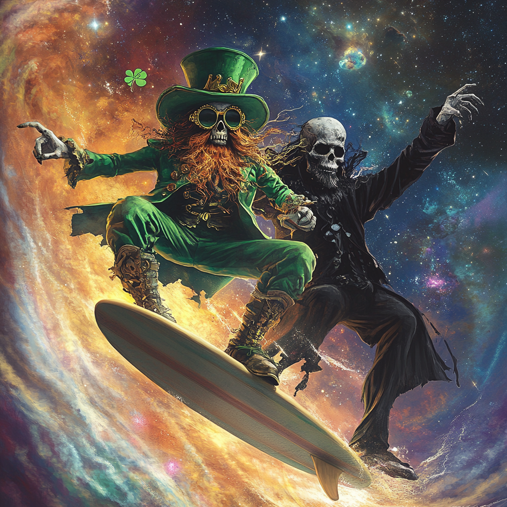 Undead Leprechaun and Grim Reaper Surf Cosmic Nebula