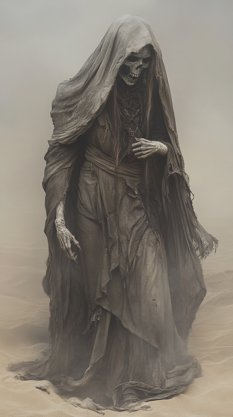 Undead desert witch in grey sand dunes, horror fantasy.