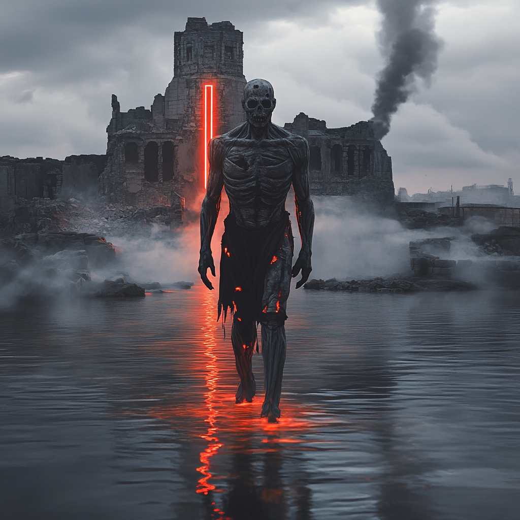 Undead knight in horror fantasy, misty lake, red portal.