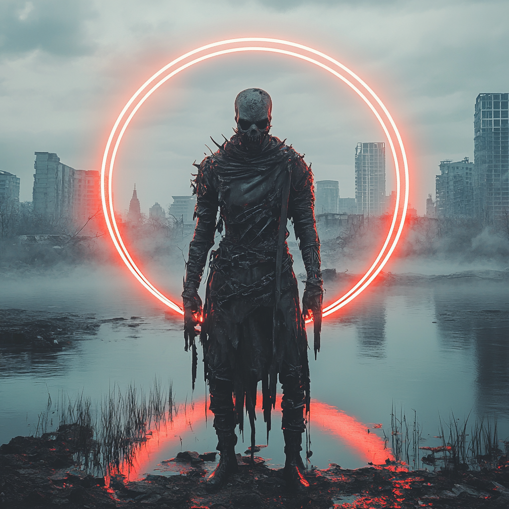 Undead knight standing near glowing red portal by lake.