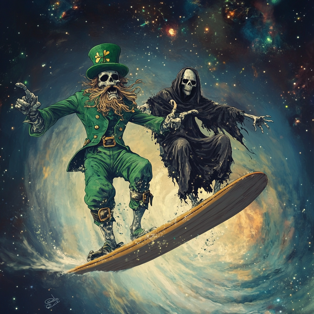 Undead leprechaun and grim reaper surf cosmos, nebula.