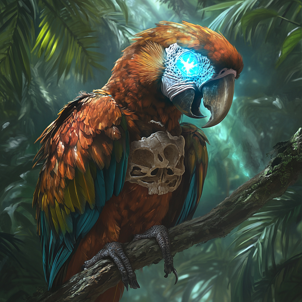 Undead macaw parrot with glowing blue light.