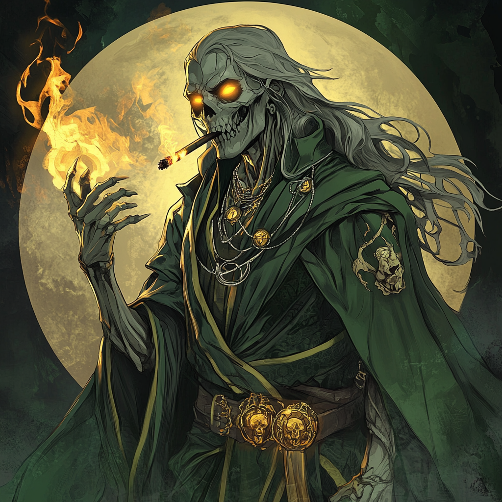 Undead necromancer with glowing eyes lights cigarette at night.