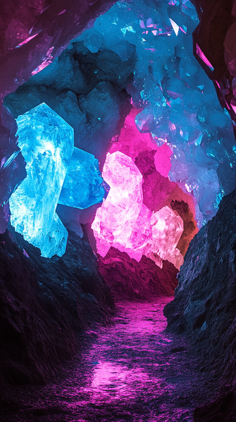 Underground cavern with radiant crystals emitting soft colored glow.