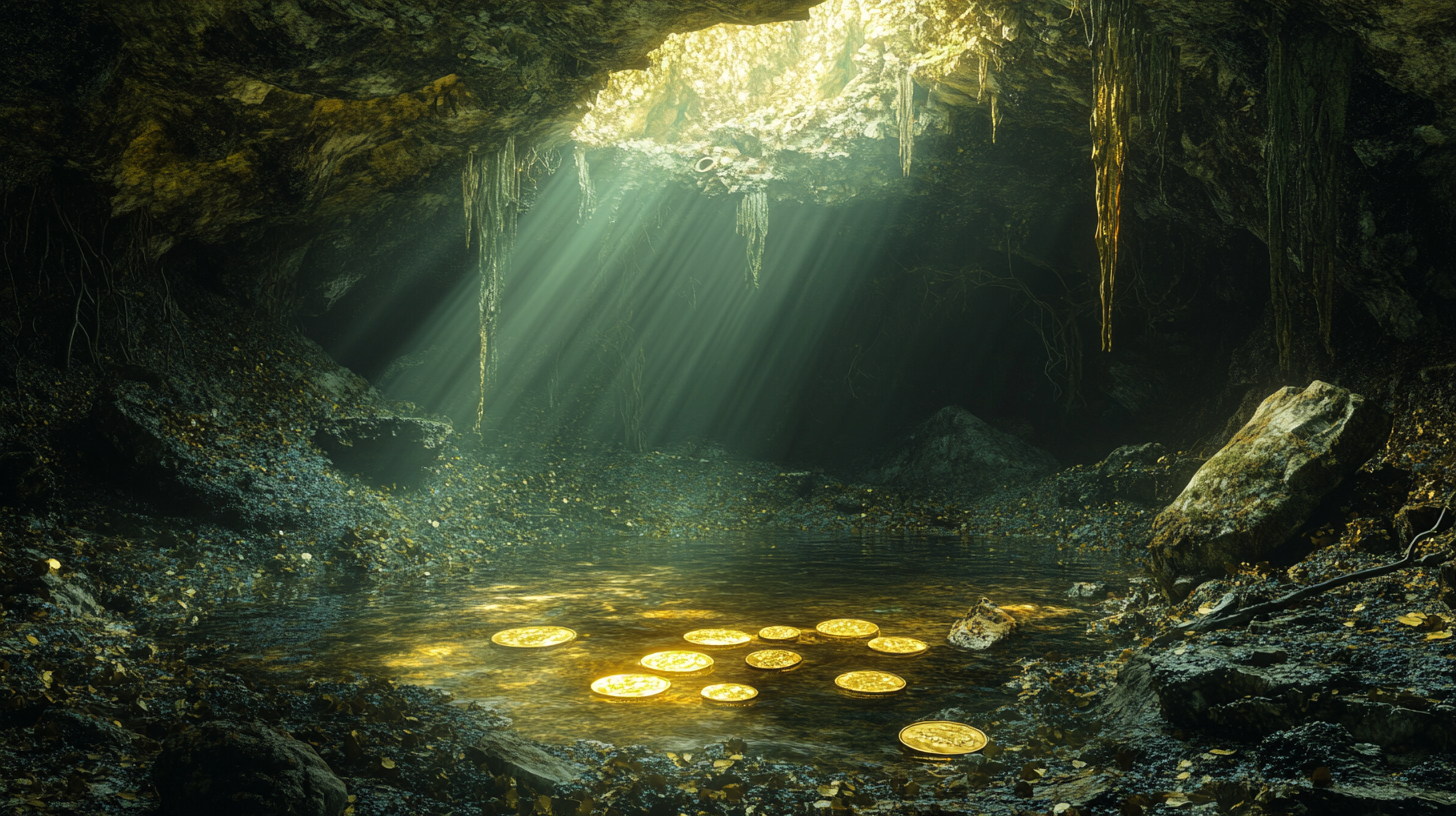 Underground lake with gold coins and trees, mossy environment.