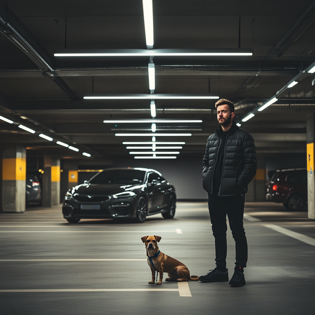 Underground parking with clean, modern design, happy man, dog.