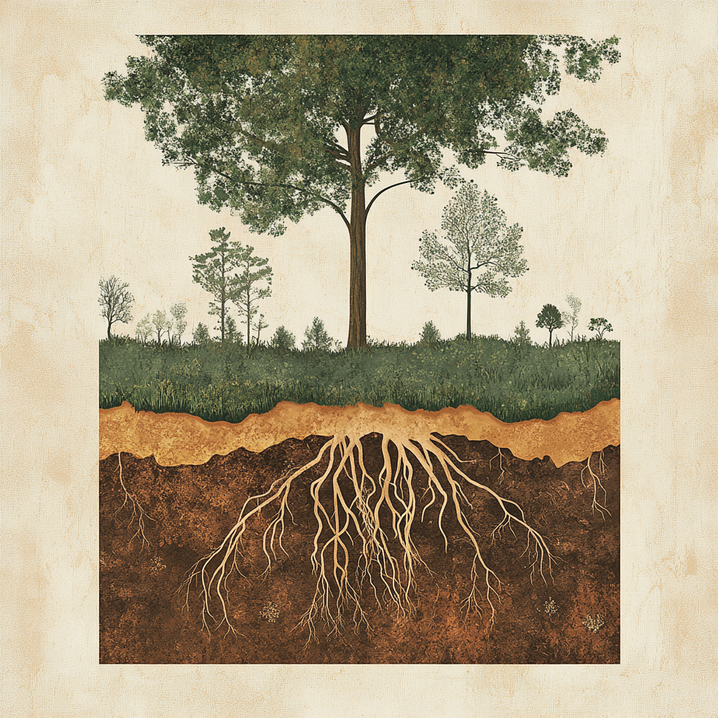 Underground soil profile with roots, microbes, and mycelium