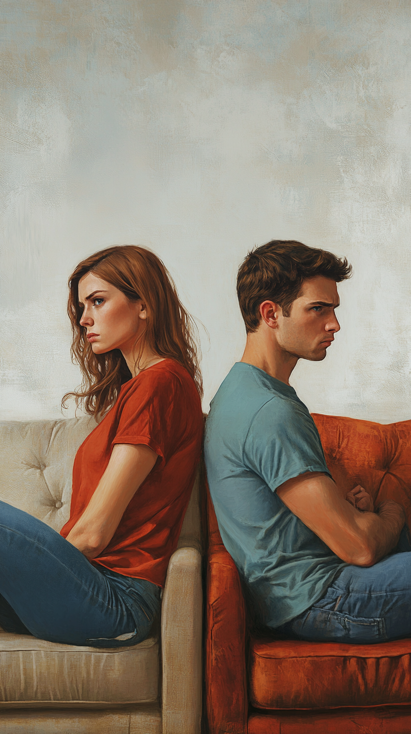 Underlying anger between attractive man and woman on couches.