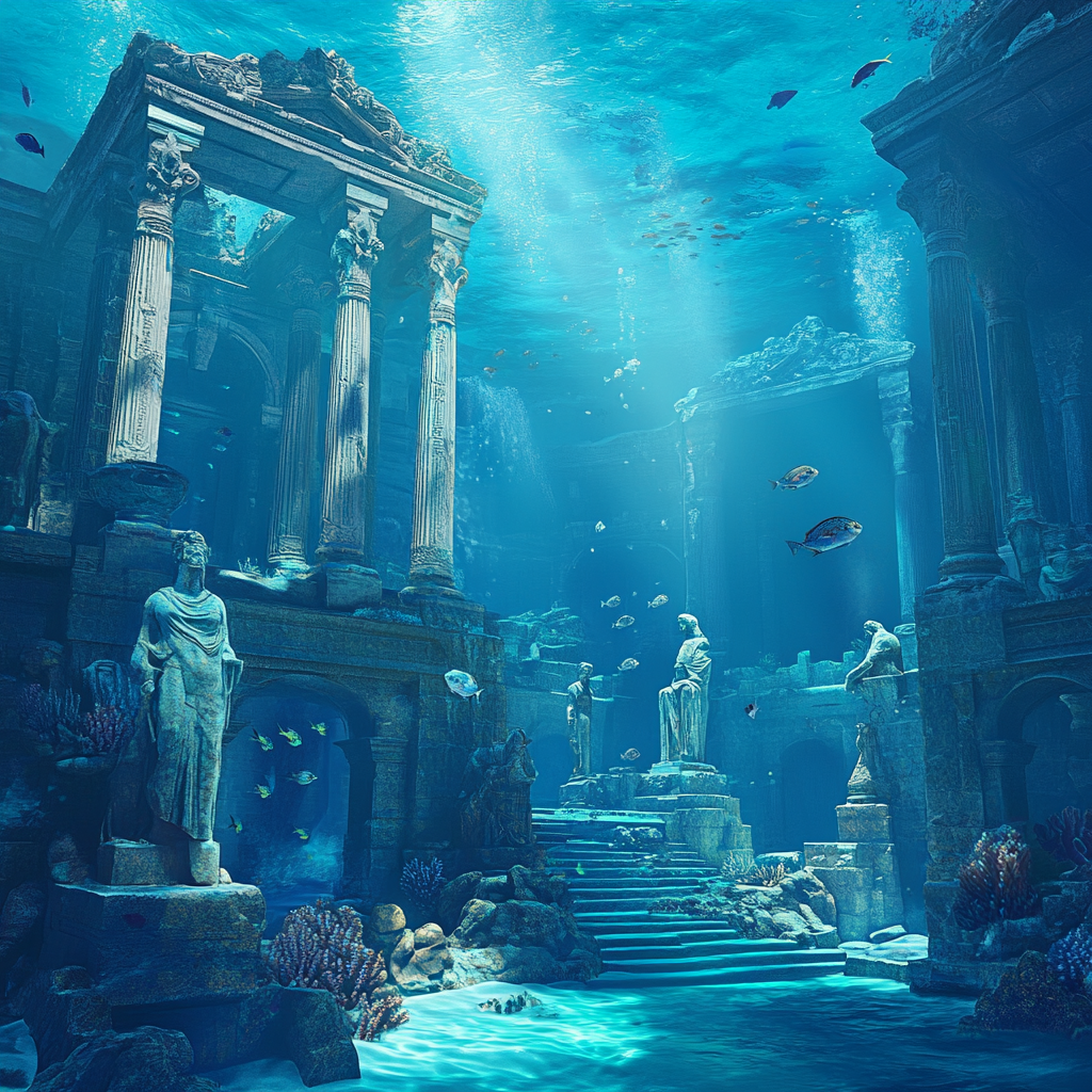 Underwater Atlantis cityscape with Greek ruins, coral-covered statues