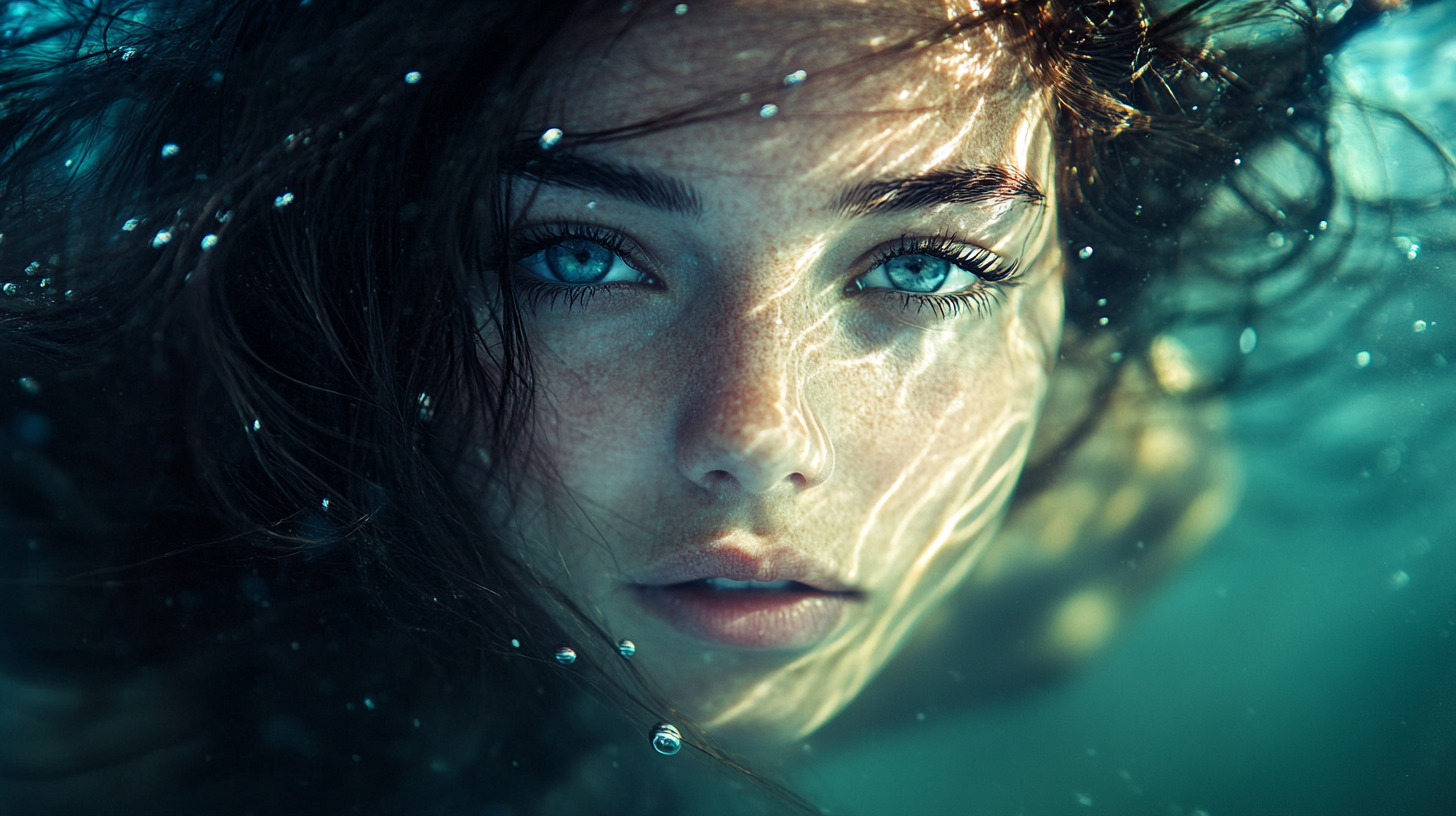 Underwater photo of stunning woman with glowing skin.