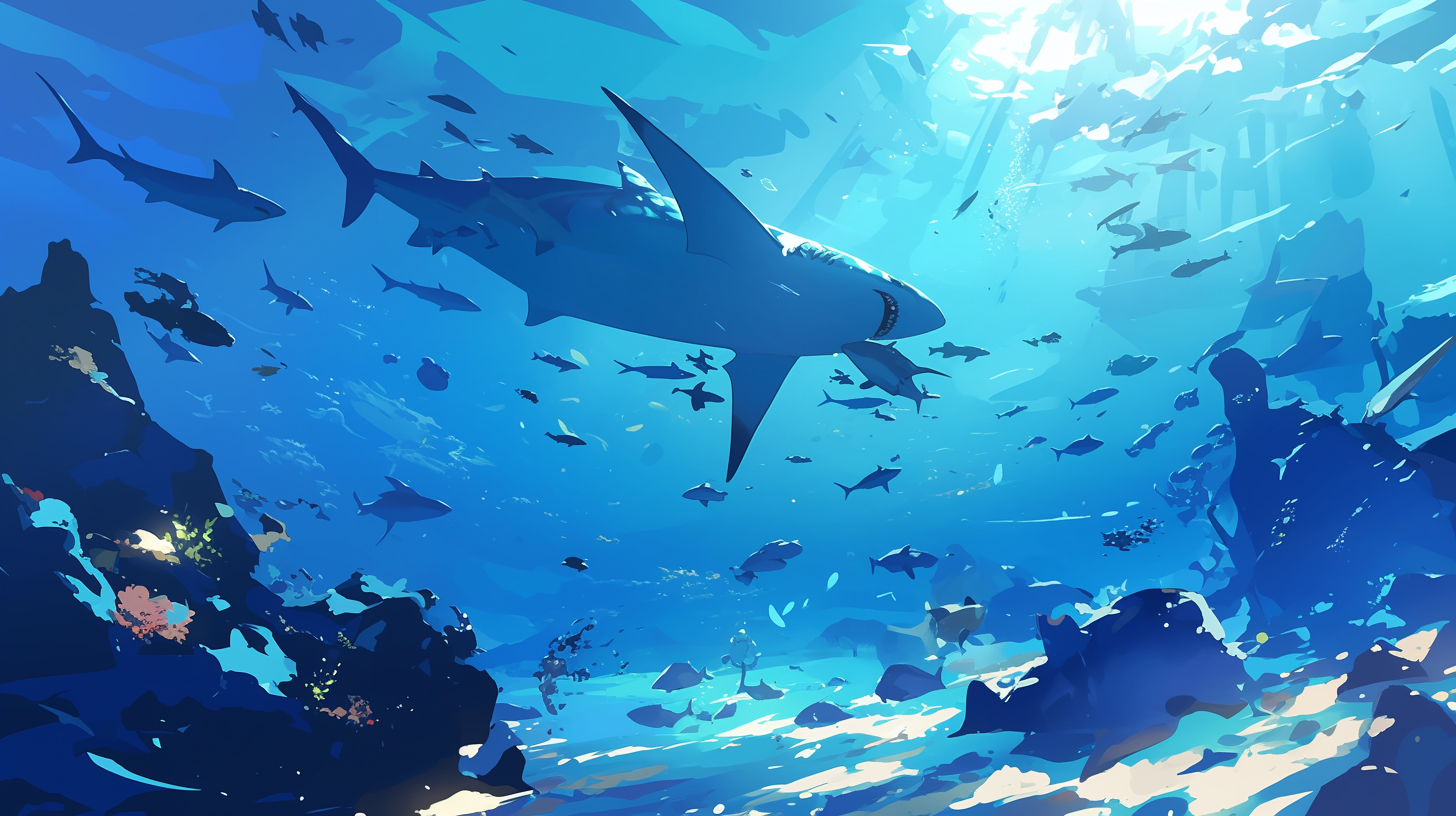 Underwater scene with fish and sharks, blue shades