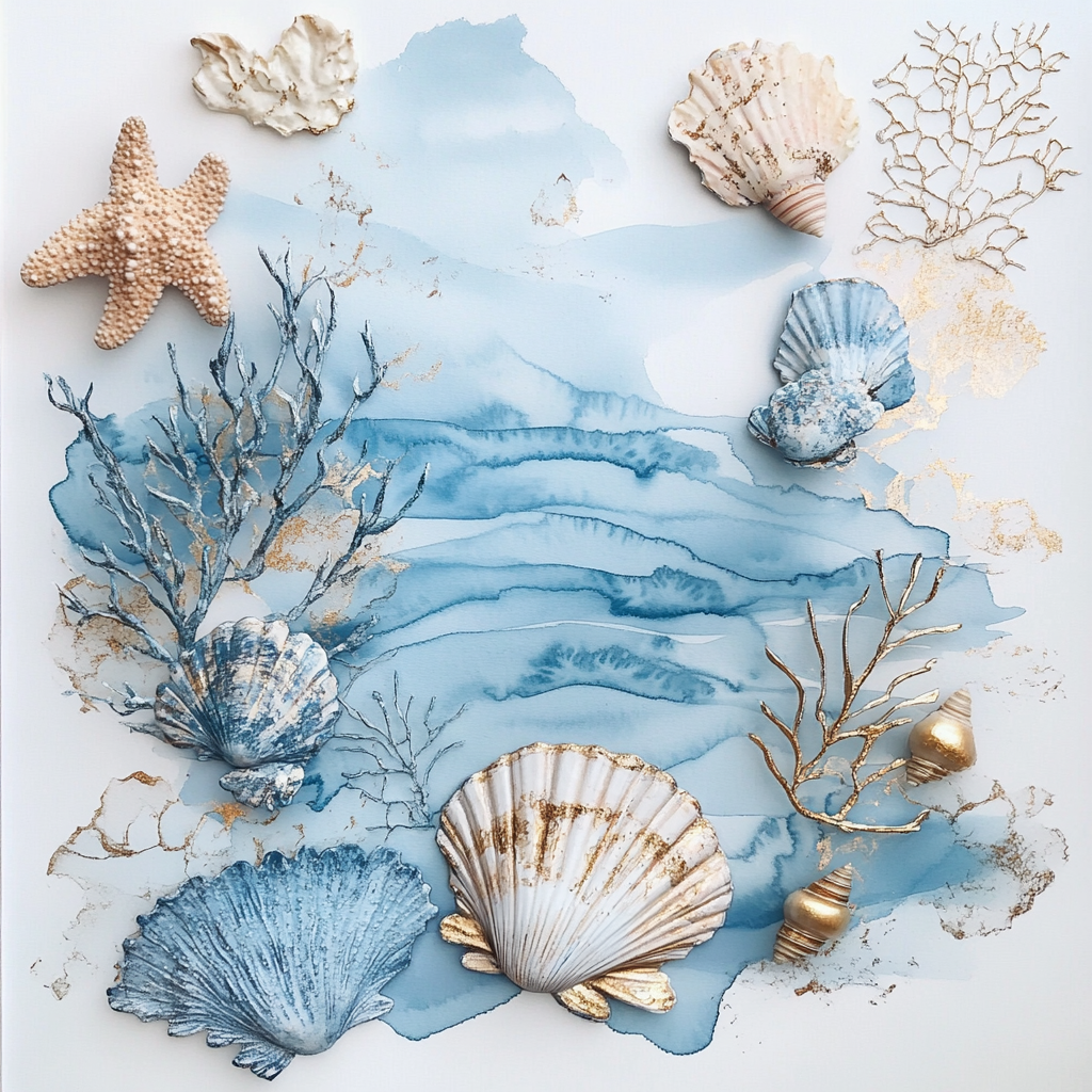 Underwater treasures in soft blue watercolor sketch