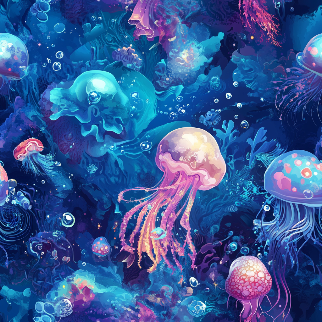 Underwater world with oceanic shades in seamless colorful patterns.