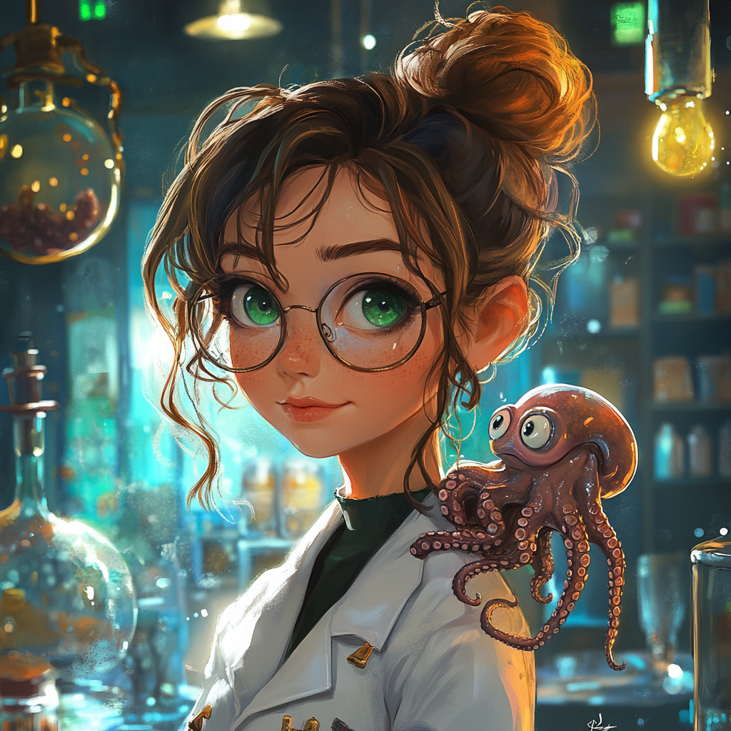 Unhappy woman in lab with octopus, chain mail.